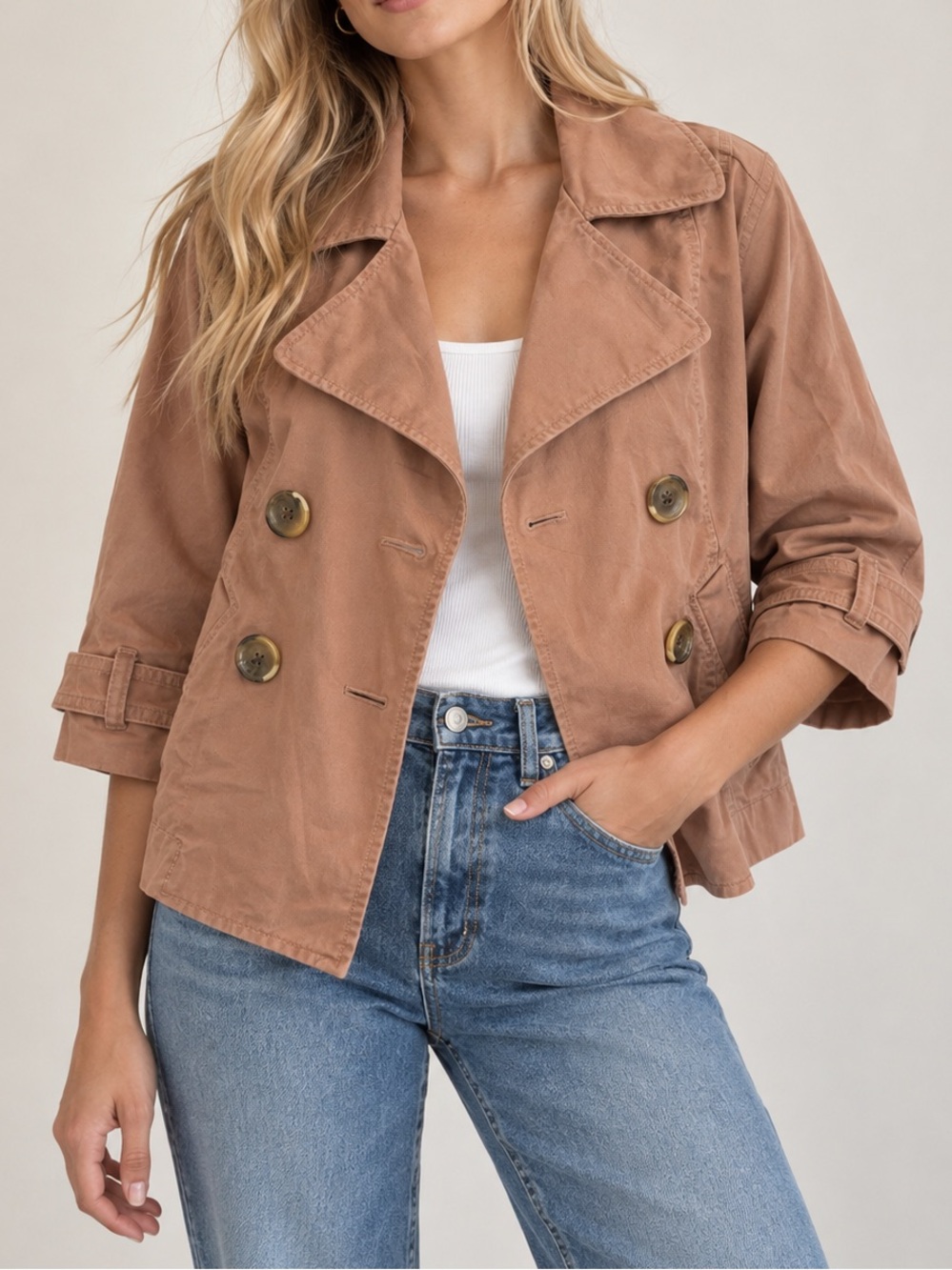 Old Navy Double-Breasted Short Trench Coat in Dusty Brown
